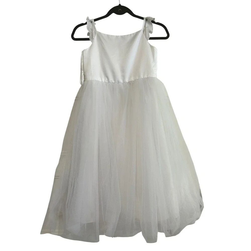 David's Bridal Tulle Dress Girls White Lace Sleeve Flower Girl 8